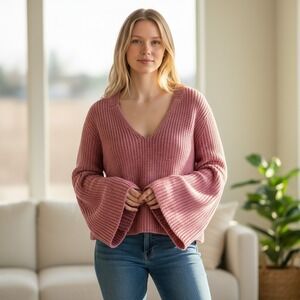 Free People Bell Sleeve V-Neck Sweater Mauve Pink 100% Cotton Ribbed Knit M